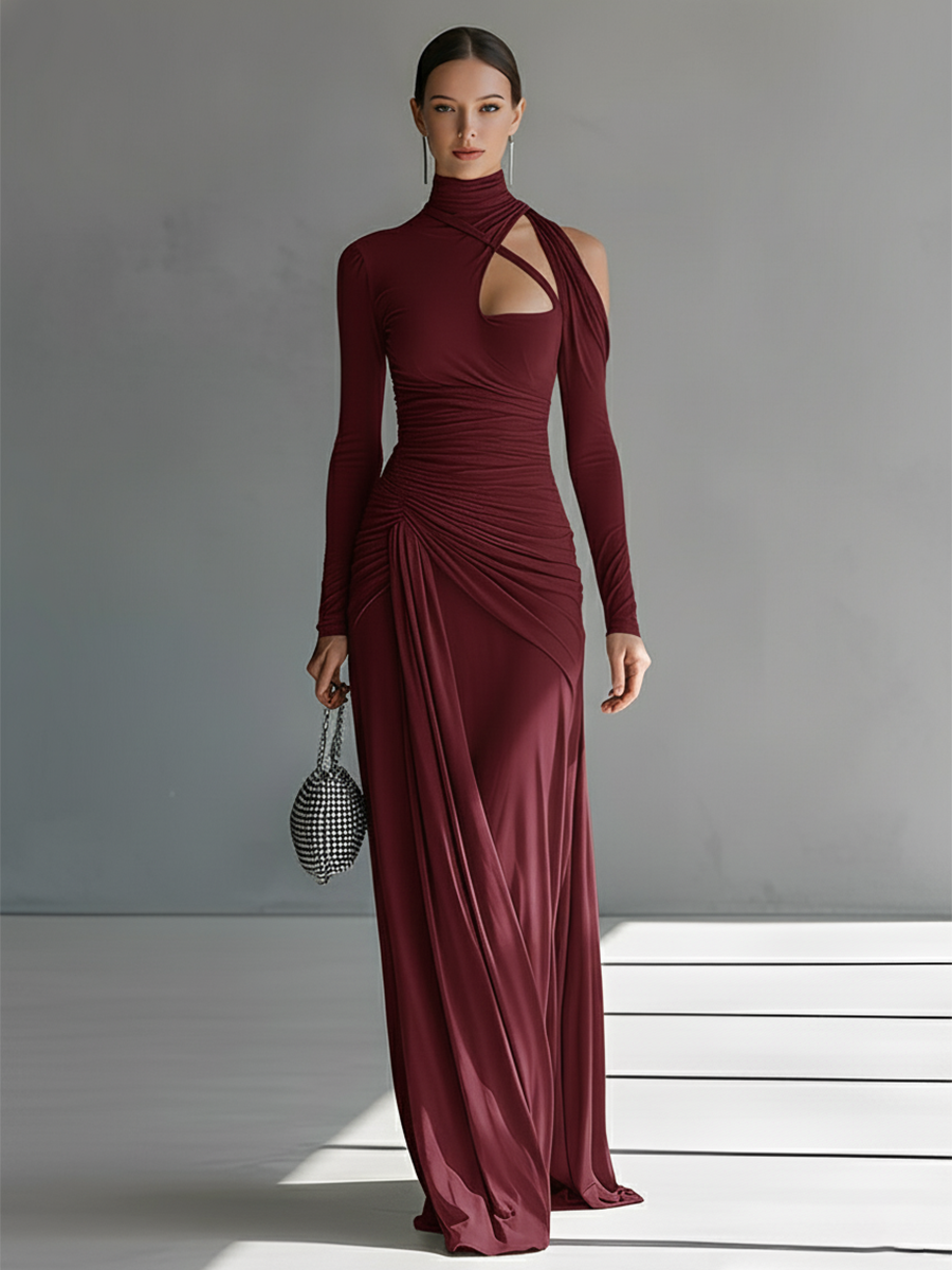 Women's Grey Silky Stretch Sophisticated Ruched Detail Cut-Out Maxi Dress MDA0546K6I