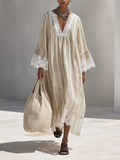 Women's Minimalist Beige Vertical-Stripe Maxi Dress With White Lace Trim And Flared Long Sleeves MDZ1745F9ZRK