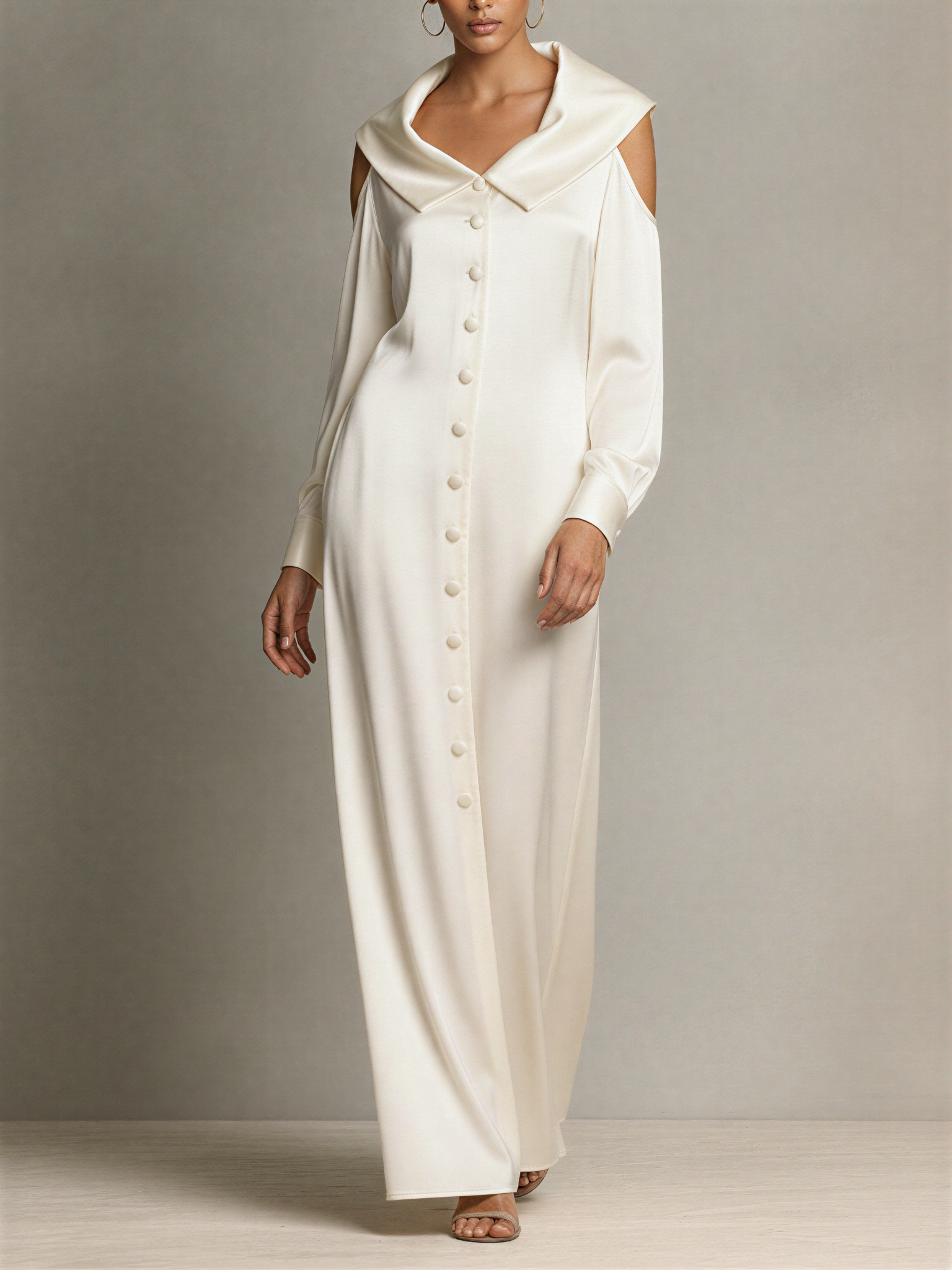 Women's Ivory Silky Satin Shirt Gown With Oversized Lapel Collar & Shoulder Cutout Detail, Minimalist Luxury Elegant Evening Gown MDZ2367F6LYL