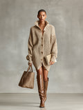 Women's Camel Elegant Button - Front Oversized Mini Cardigan Dress MDA1086J2I