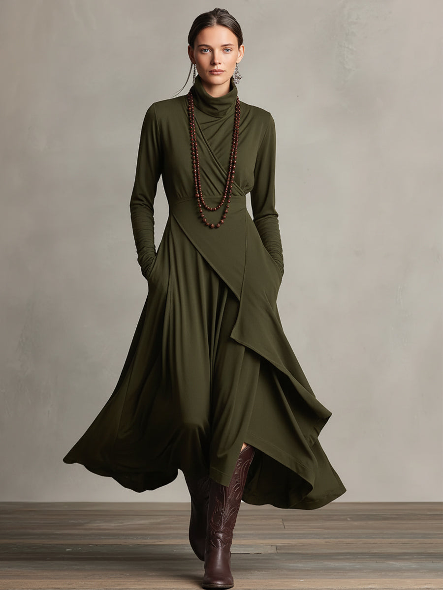 Women's Purple Bohemian Cotton Stretch Turtleneck Asymmetrical Draped Maxi Dress MDA2055J9I